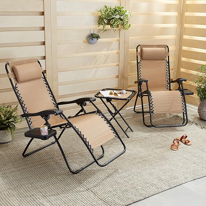 Pack 2 Tumbonas Plegables Reclinables con Mesita Plegable - Sillas de Exterior para Jardín, Playa, Piscina y Terraza