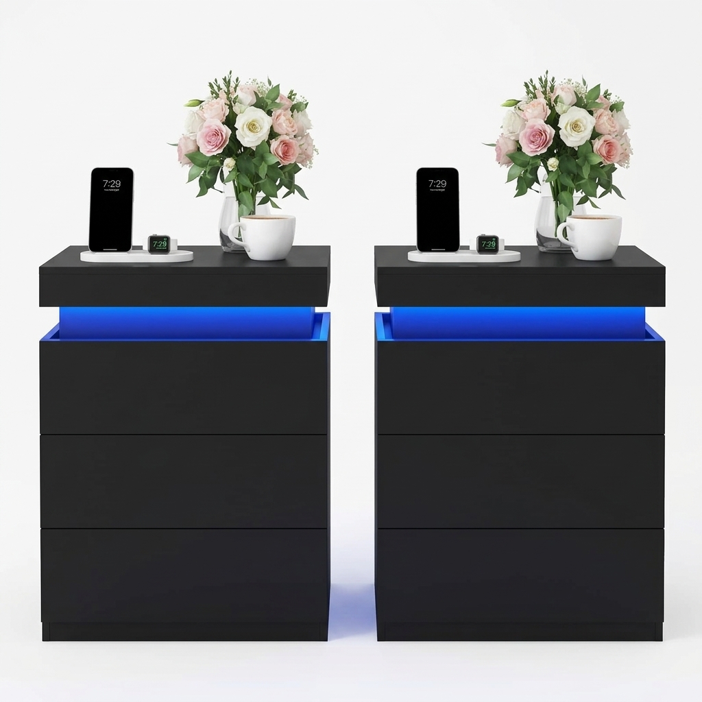 Mesita de noche con estación de carga y luces LED, mesa auxiliar con superficie deslizante para dormitorio, mesita de noche con cajones, mesa auxiliar moderna.