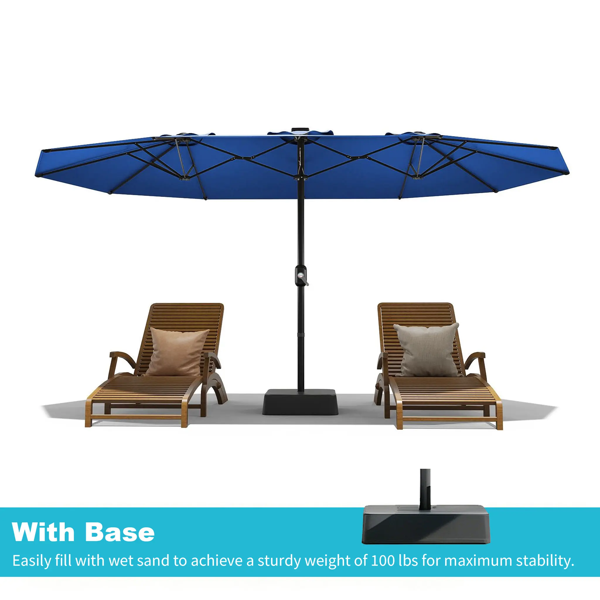 Sombrilla grande para patio al aire libre Garvee de 15ft con base – Opción de luz LED, doble cara, manivela, resistente al agua, incluye base con peso y bolsa de arena, con capacidad para 10 personas, ideal para el borde de la piscina, el jardín, el céspe