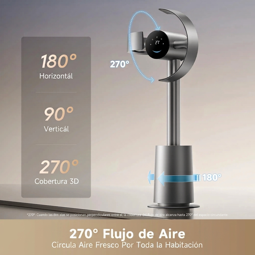 Ventilador de torre sin aspas para dormitorio, ventilador de pie inteligente con flujo de aire espacial de 270° para la circulación en toda la habitación, alta velocidad de 59 pies/s, 10 velocidades y 3 modos, flujo de aire que se adapta a la tem