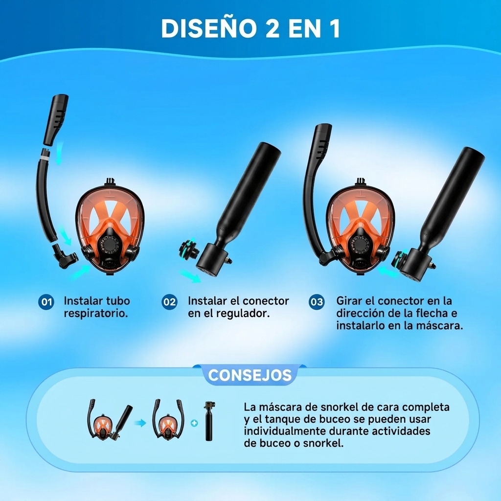 Mini tanque de buceo con máscara de esnórquel - Portátil de 0,5 L