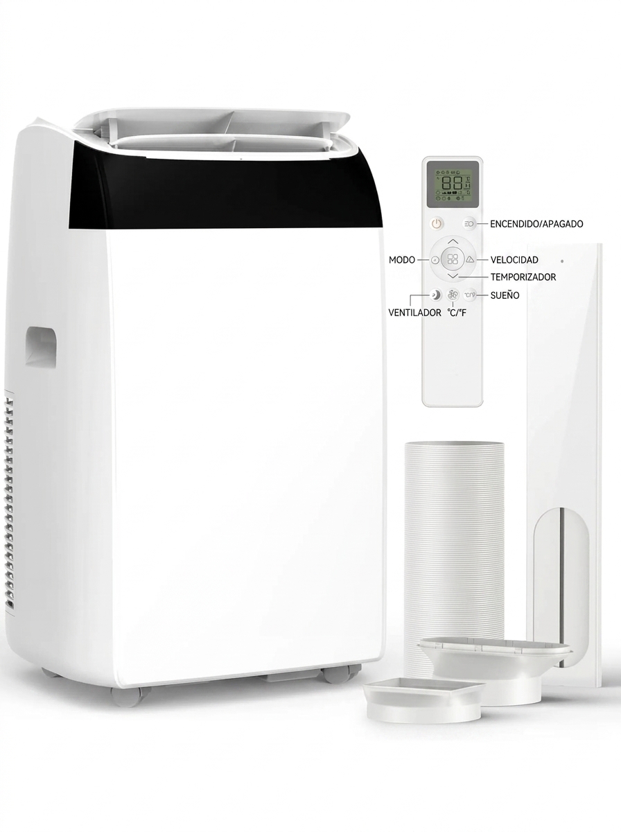 Aire acondicionado portátil de 14 000 BTU, ultrasilencioso y de bajo consumo energético.