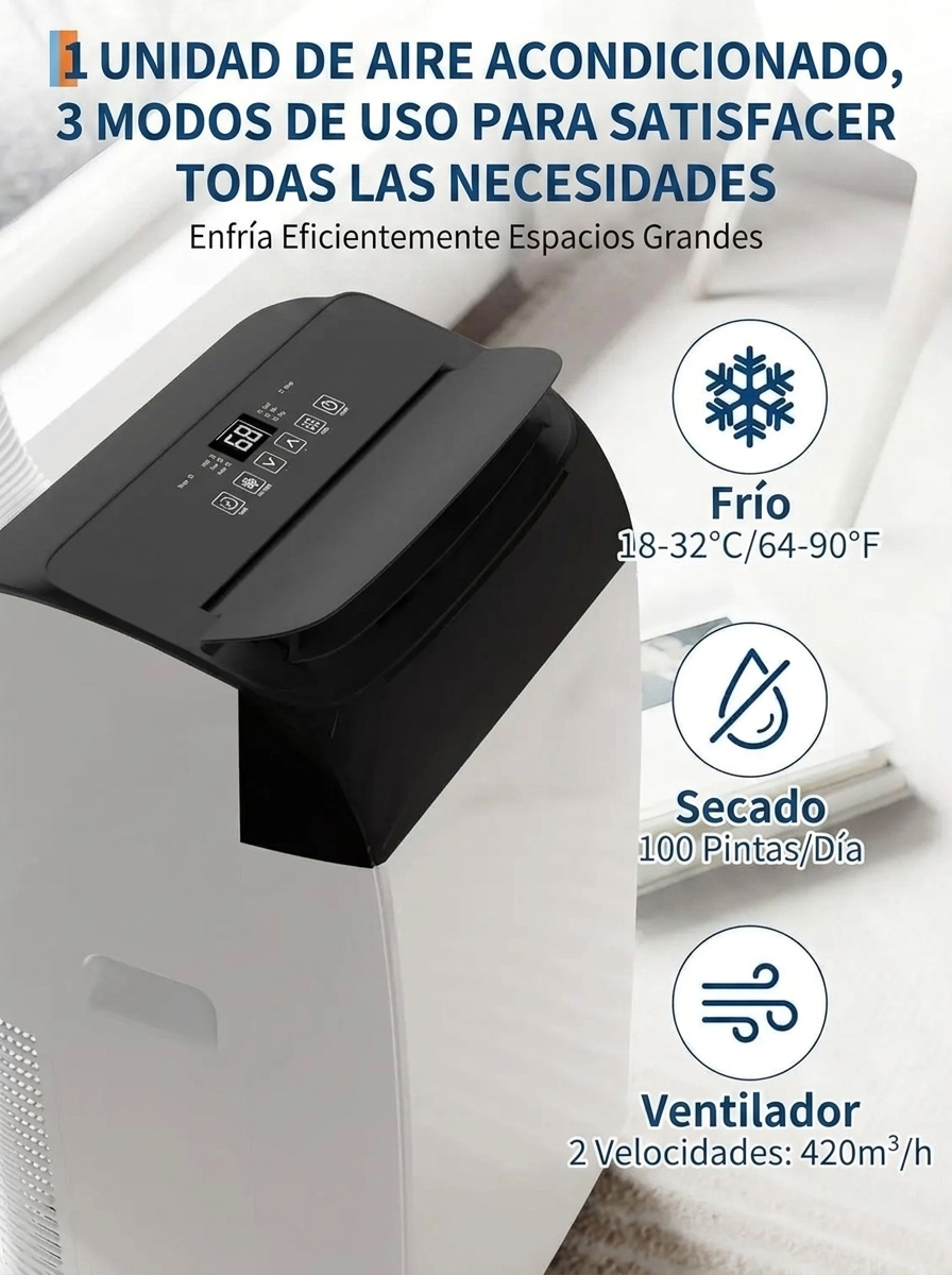 Aire acondicionado portátil de 14 000 BTU, ultrasilencioso y de bajo consumo energético.