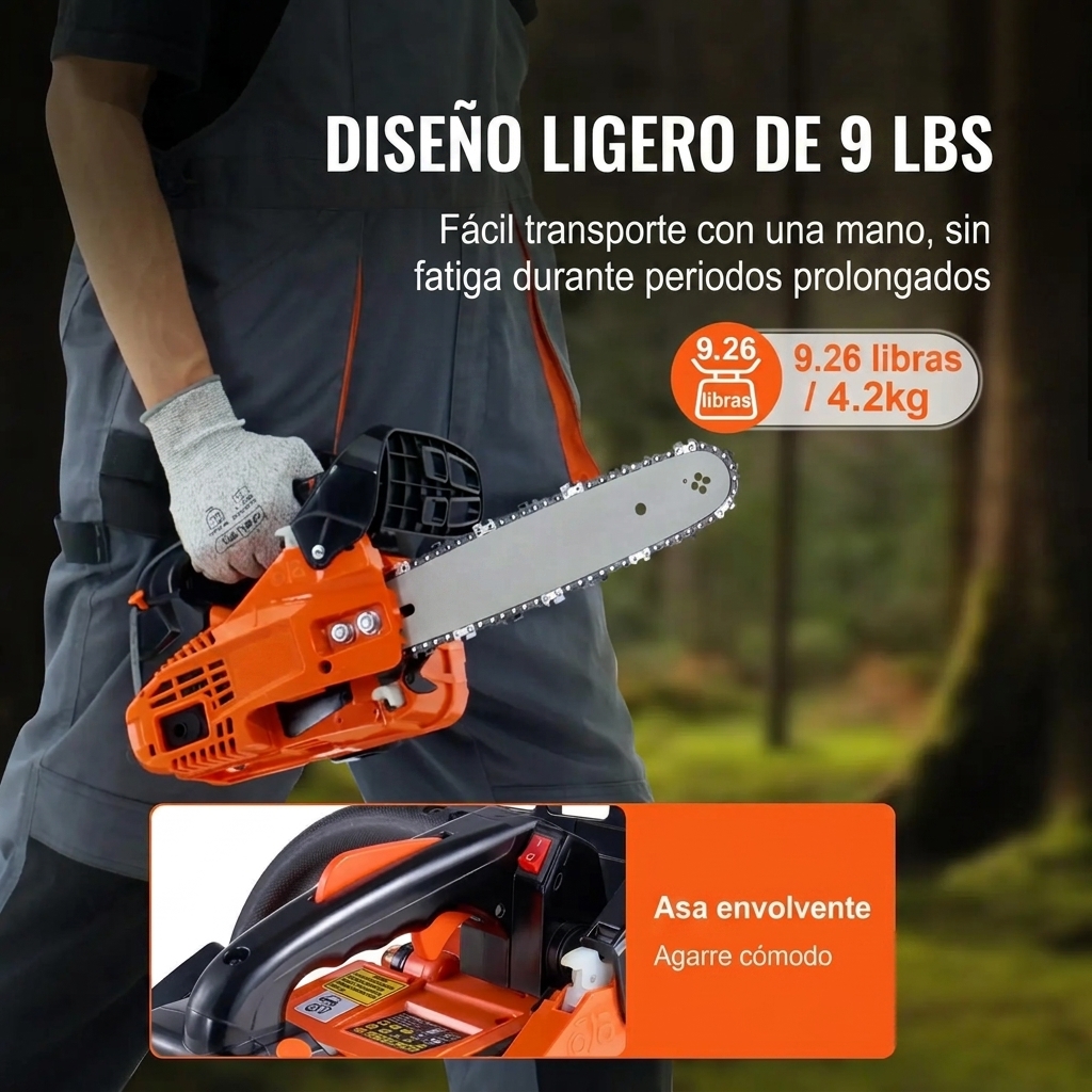 Motosierra de gasolina de 12 pulgadas, 25,4 cc y 1,2 HP: cortadora de árboles ligera