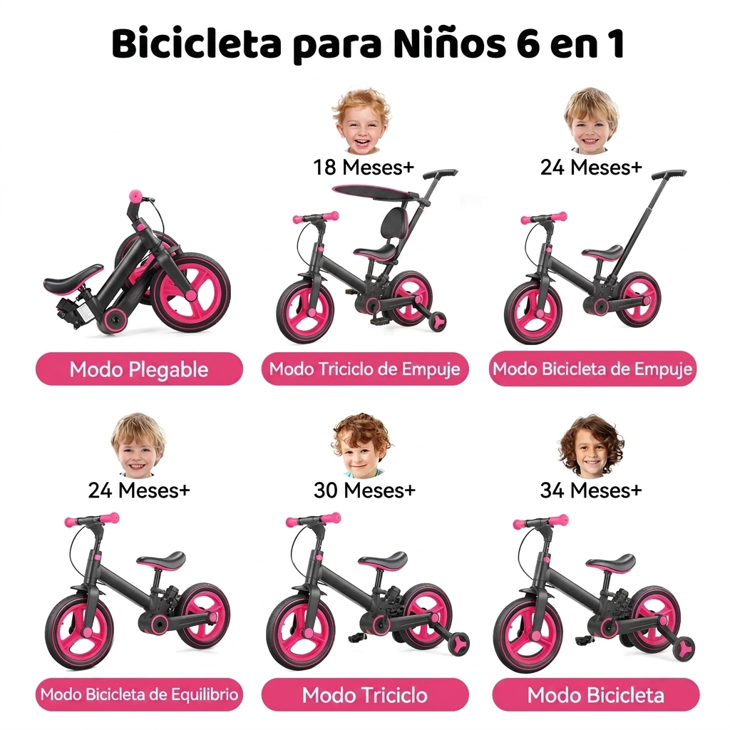 Bicicleta de equilibrio 6 en 1 para niños pequeños con ruedas de entrenamiento