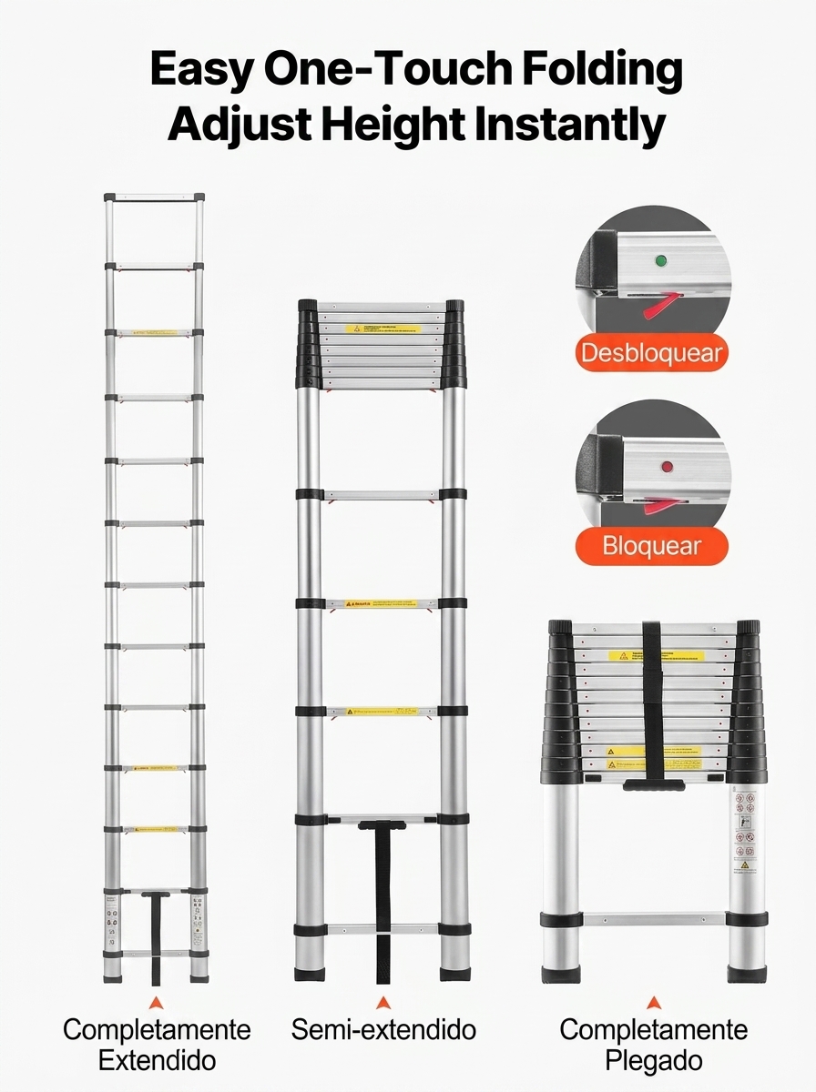 Escalera telescópica portátil: capacidad de carga de 400 lb, portátil y segura.
