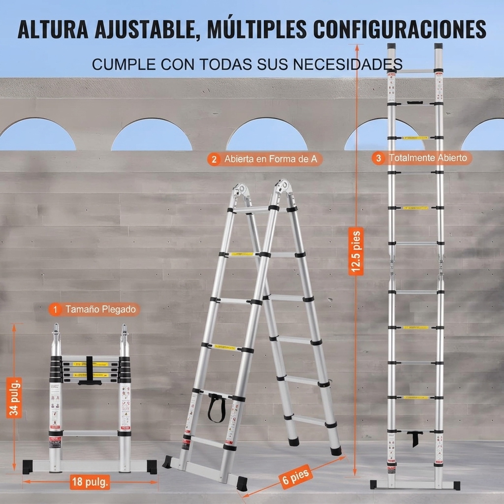 Escalera telescópica portátil: capacidad de carga de 400 lb, portátil y segura.