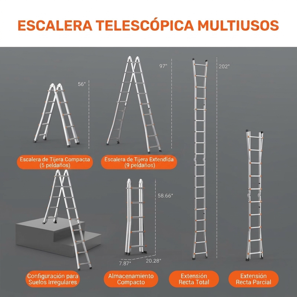 Escalera telescópica portátil: capacidad de carga de 400 lb, portátil y segura.