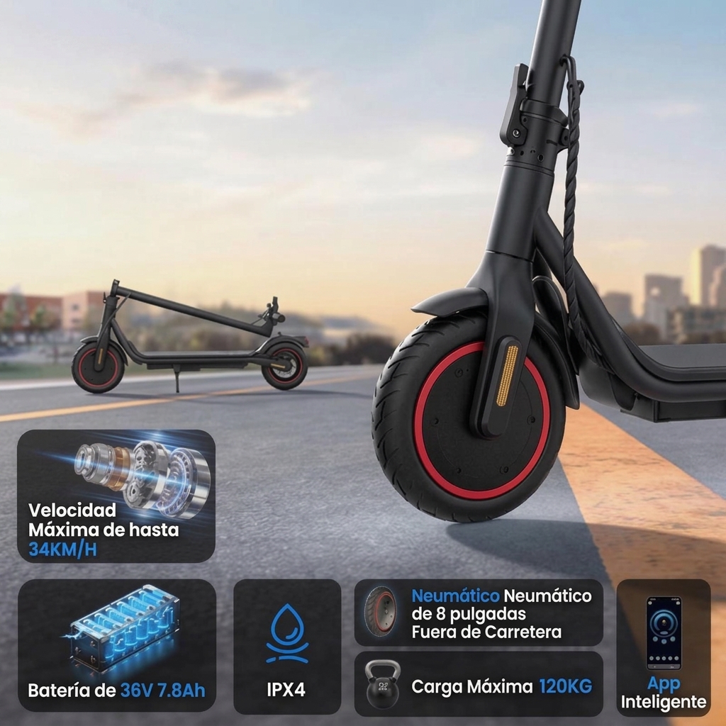 [HOT Sale💥] Patinete Eléctrico Inteligente｜Velocidad máxima de 34 km/h｜Autonomía de hasta 24-34 km｜Ruedas de 8.5 pulgadas｜Potente motor de 500W｜Diseño plegable｜Compatible con App｜Carga rápida｜Capacidad máxima de carga: 120 kg