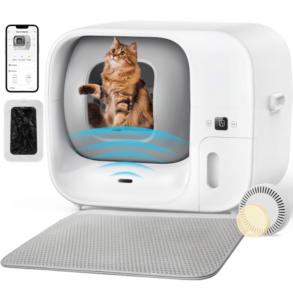Sistema automático de limpieza de arenero. Capacidad: 80 litros | Sistema de protección de seguridad de 10 niveles, nivel de ruido inferior a 50 decibelios, cubo interior a prueba de olores, hasta 15 días de duración de la batería, control mediante aplica