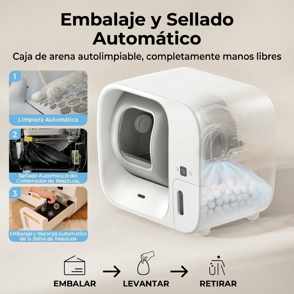 Sistema automático de limpieza de arenero. Capacidad: 80 litros | Sistema de protección de seguridad de 10 niveles, nivel de ruido inferior a 50 decibelios, cubo interior a prueba de olores, hasta 15 días de duración de la batería, control mediante aplica