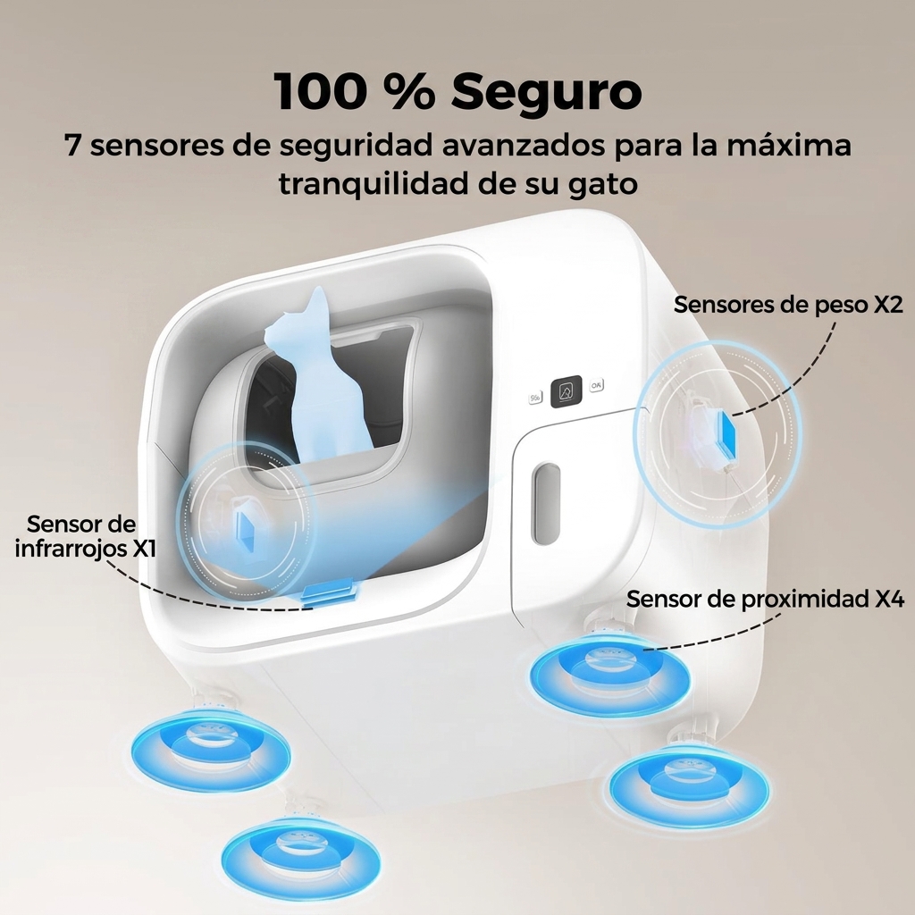 Sistema automático de limpieza de arenero. Capacidad: 80 litros | Sistema de protección de seguridad de 10 niveles, nivel de ruido inferior a 50 decibelios, cubo interior a prueba de olores, hasta 15 días de duración de la batería, control mediante aplica