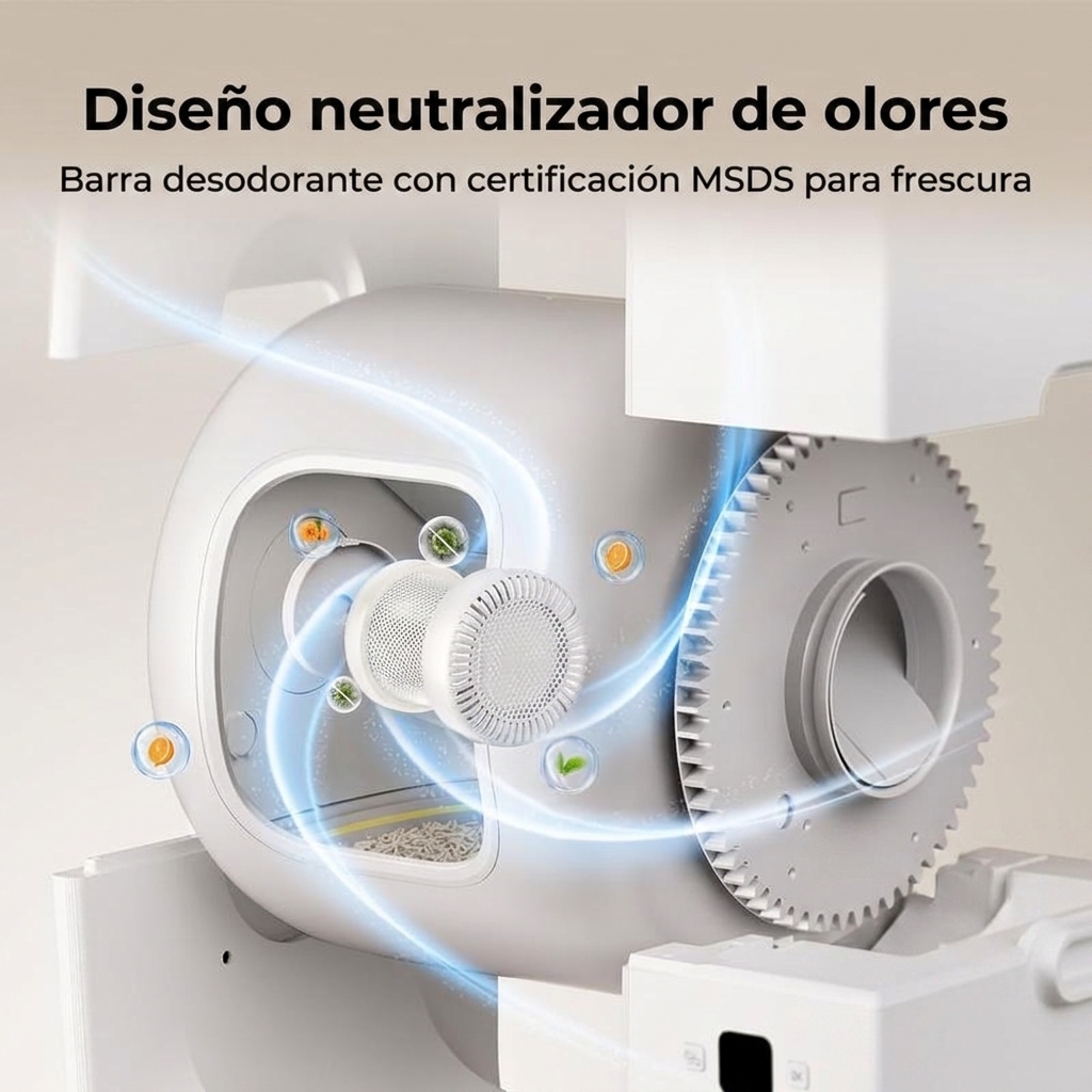 Sistema automático de limpieza de arenero. Capacidad: 80 litros | Sistema de protección de seguridad de 10 niveles, nivel de ruido inferior a 50 decibelios, cubo interior a prueba de olores, hasta 15 días de duración de la batería, control mediante aplica