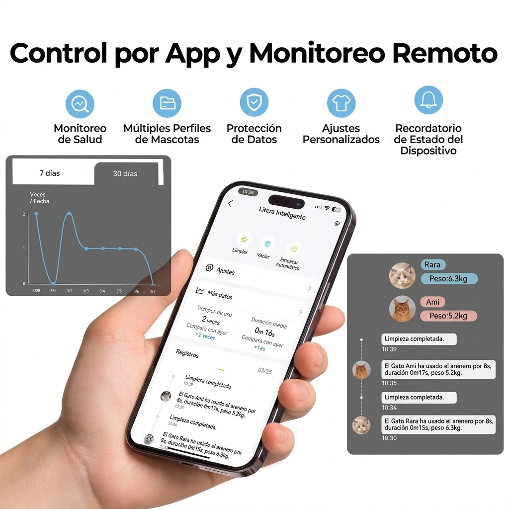 Sistema automático de limpieza de arenero. Capacidad: 80 litros | Sistema de protección de seguridad de 10 niveles, nivel de ruido inferior a 50 decibelios, cubo interior a prueba de olores, hasta 15 días de duración de la batería, control mediante aplica
