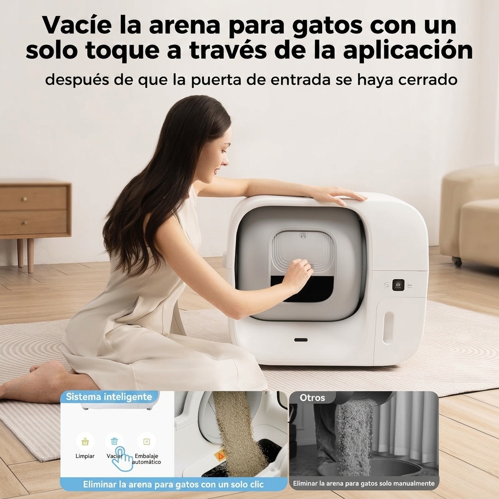 Sistema automático de limpieza de arenero. Capacidad: 80 litros | Sistema de protección de seguridad de 10 niveles, nivel de ruido inferior a 50 decibelios, cubo interior a prueba de olores, hasta 15 días de duración de la batería, control mediante aplica