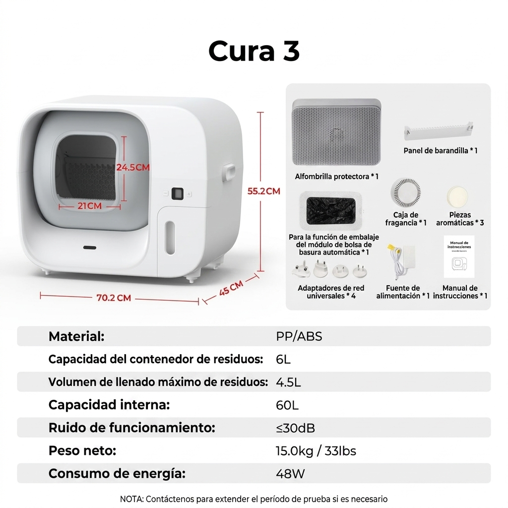 Sistema automático de limpieza de arenero. Capacidad: 80 litros | Sistema de protección de seguridad de 10 niveles, nivel de ruido inferior a 50 decibelios, cubo interior a prueba de olores, hasta 15 días de duración de la batería, control mediante aplica