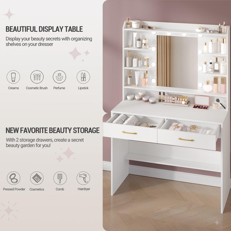 Mesa de maquillaje con espejo, con superficies de almacenaje y 2 cajones, para dormitorio y sala de estar, brillo ajustable