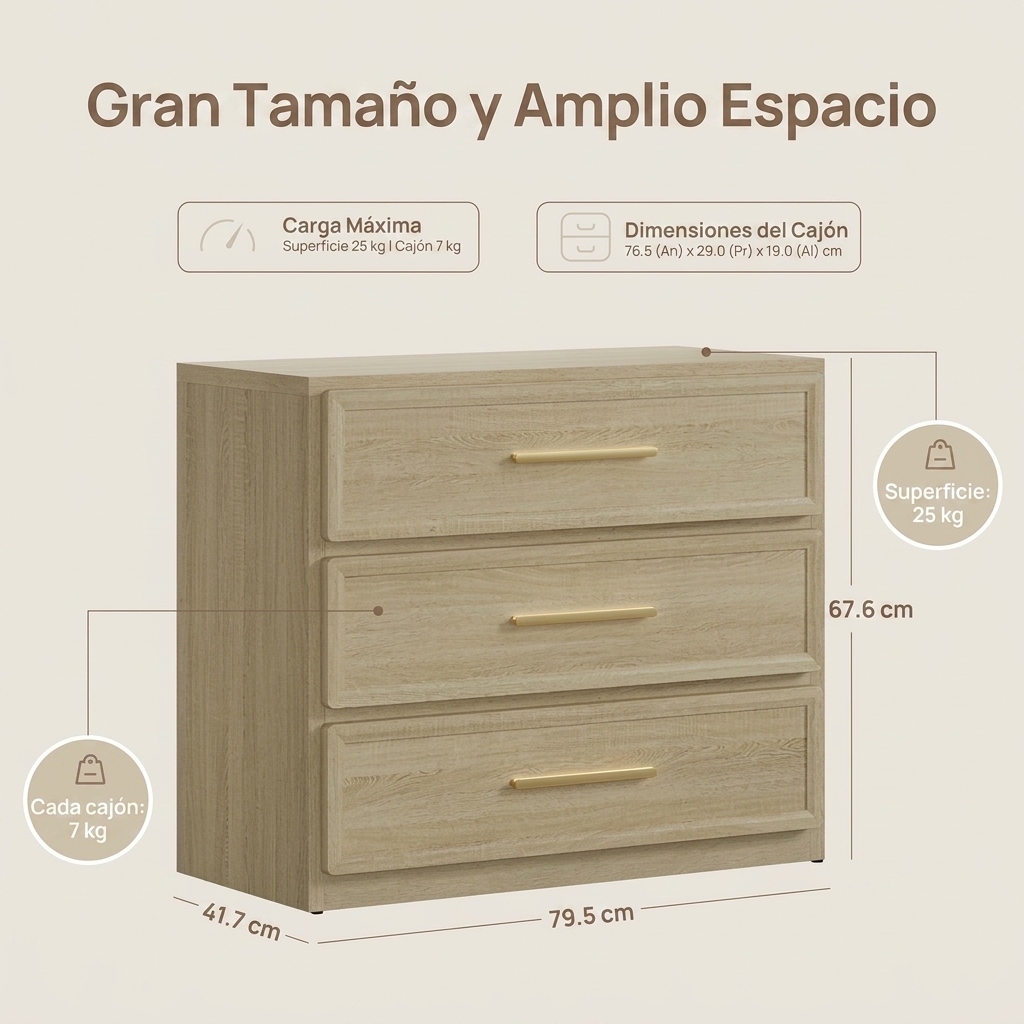 Mesita de noche extragrande, mesita de noche alta con 3 cajones, estilo moderno, tiradores dorados, adecuada para dormitorios, sofás, oficinas, residencias estudiantiles y decoración del hogar.