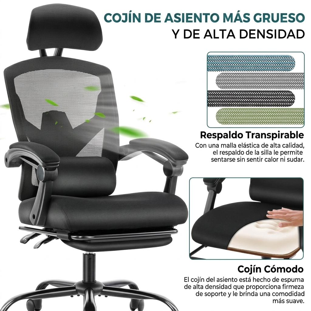 Silla de oficina ergonómica con respaldo de malla: altura ajustable, giratoria 360 grados, con ruedas, reposapiés, reposacabezas ajustable, brazos acolchados, bloqueo de reclinación, opción de regalo para la oficina (requiere montaje).
