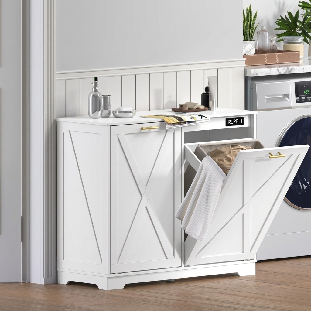 Cubo de basura basculante de doble compartimento, armario oculto para el contenedor de reciclaje, armario de lavandería de madera de doble compartimento con funciones desodorizantes, de iones negativos y de ozono, adecuado para cocinas, baños, lavaderos, 