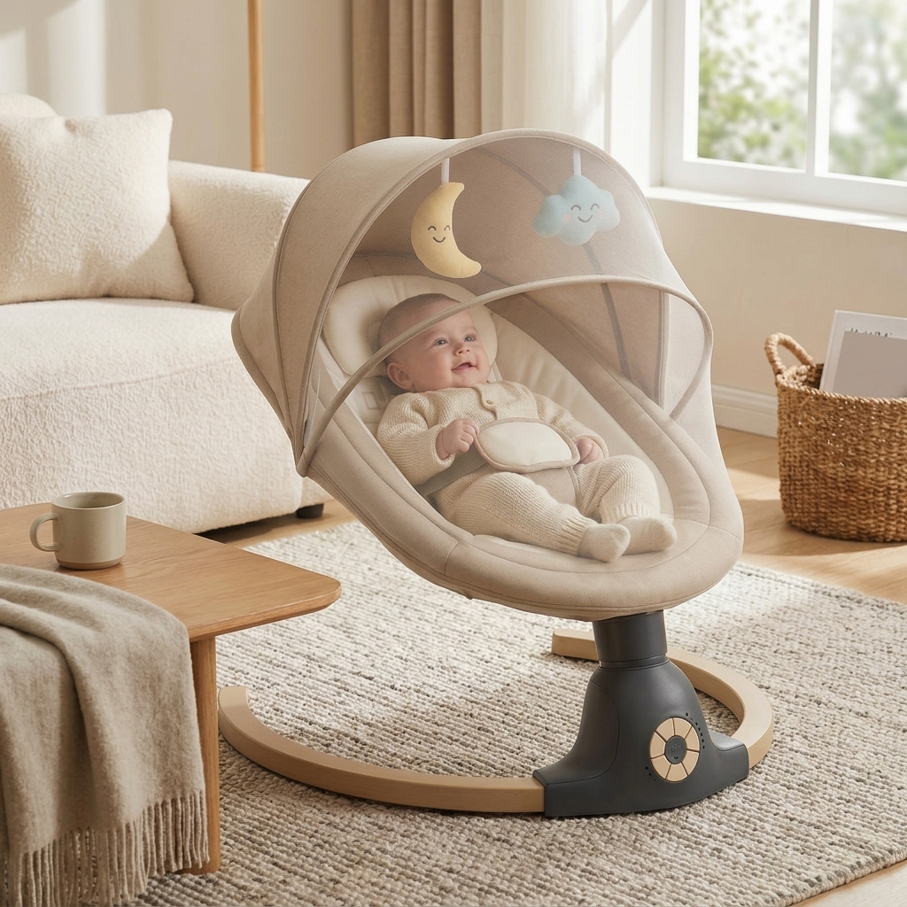 Silla Mecedora Eléctrica para Niños, Hamaca Bebé, Columpio Bebe, Hamaca eléctrica 0‑9 kg, Bluetooth, música, arnés 5 puntos, temporizador, Balancín cómodo y seguro
