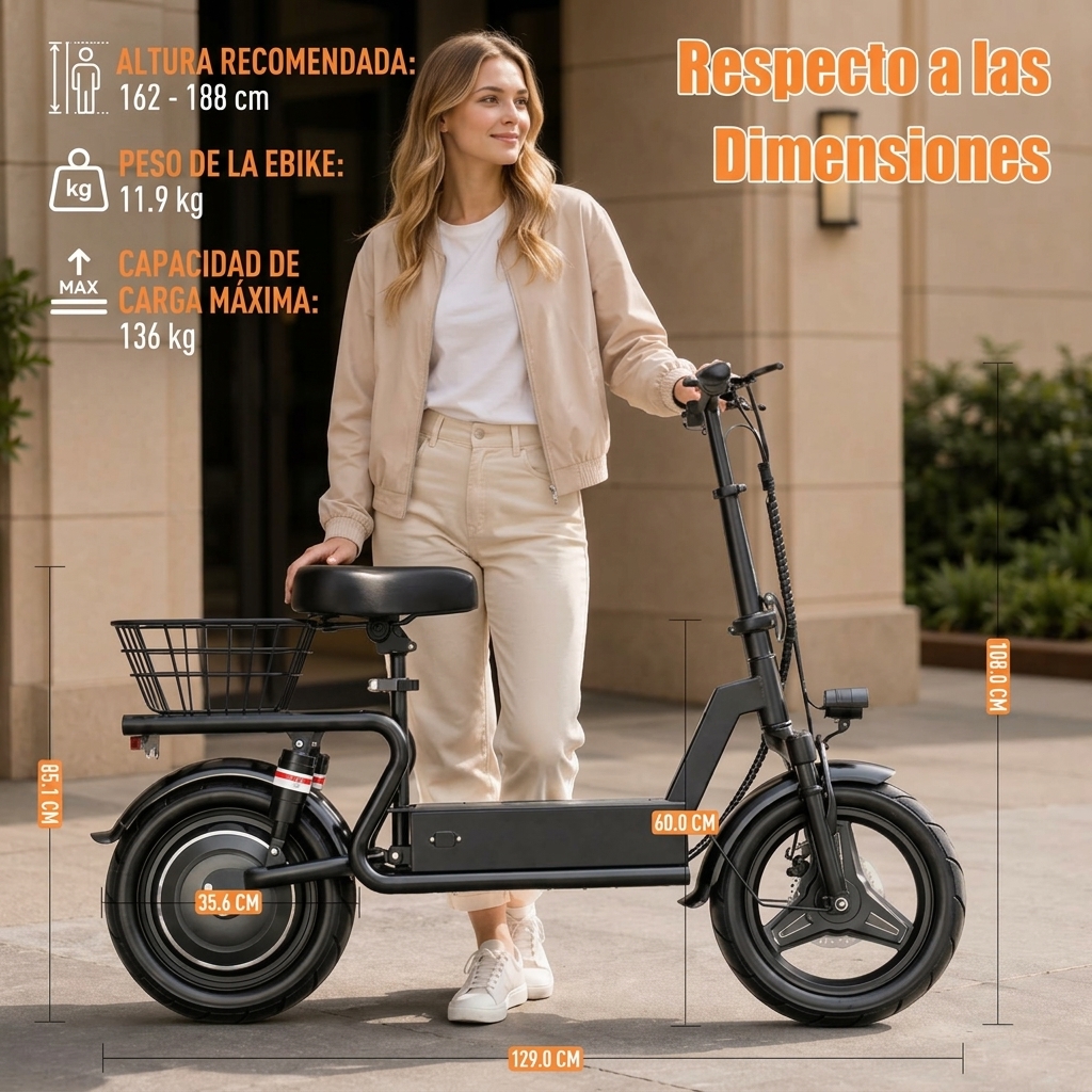 Patinete Eléctrico con Asiento para Adultos, Motor de hasta 1000W, Batería 48V 15Ah, Velocidad Máxima 40 km/h, Autonomía de hasta 56 km, Plegable y Portátil, con Cesta Trasera, Ideal para Compras, Recados, Paseos y Transporte Diario