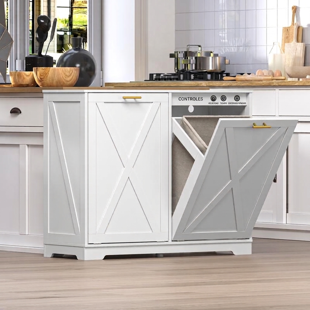 Cubo de basura basculante de doble compartimento, armario oculto para el contenedor de reciclaje, armario de lavandería de madera de doble compartimento con funciones desodorizantes, de iones negativos y de ozono, adecuado para cocinas, baños, lavaderos, 