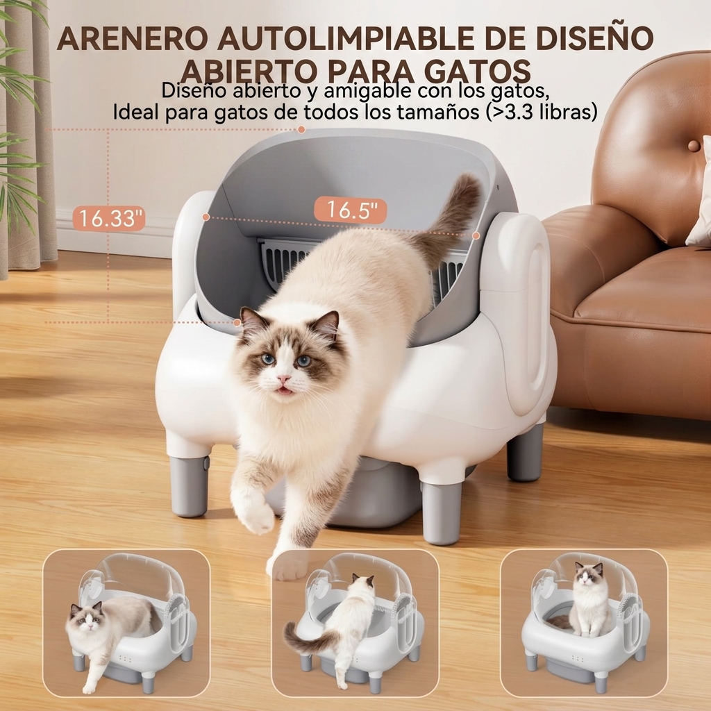 Arenero automático inteligente autolimpiable de tipo abierto (apto para hogares con varios gatos): doble tecnología de seguridad, funcionamiento silencioso, compatible únicamente con WiFi de 2,4 GHz, control mediante aplicación, diseño que bloquea los olo