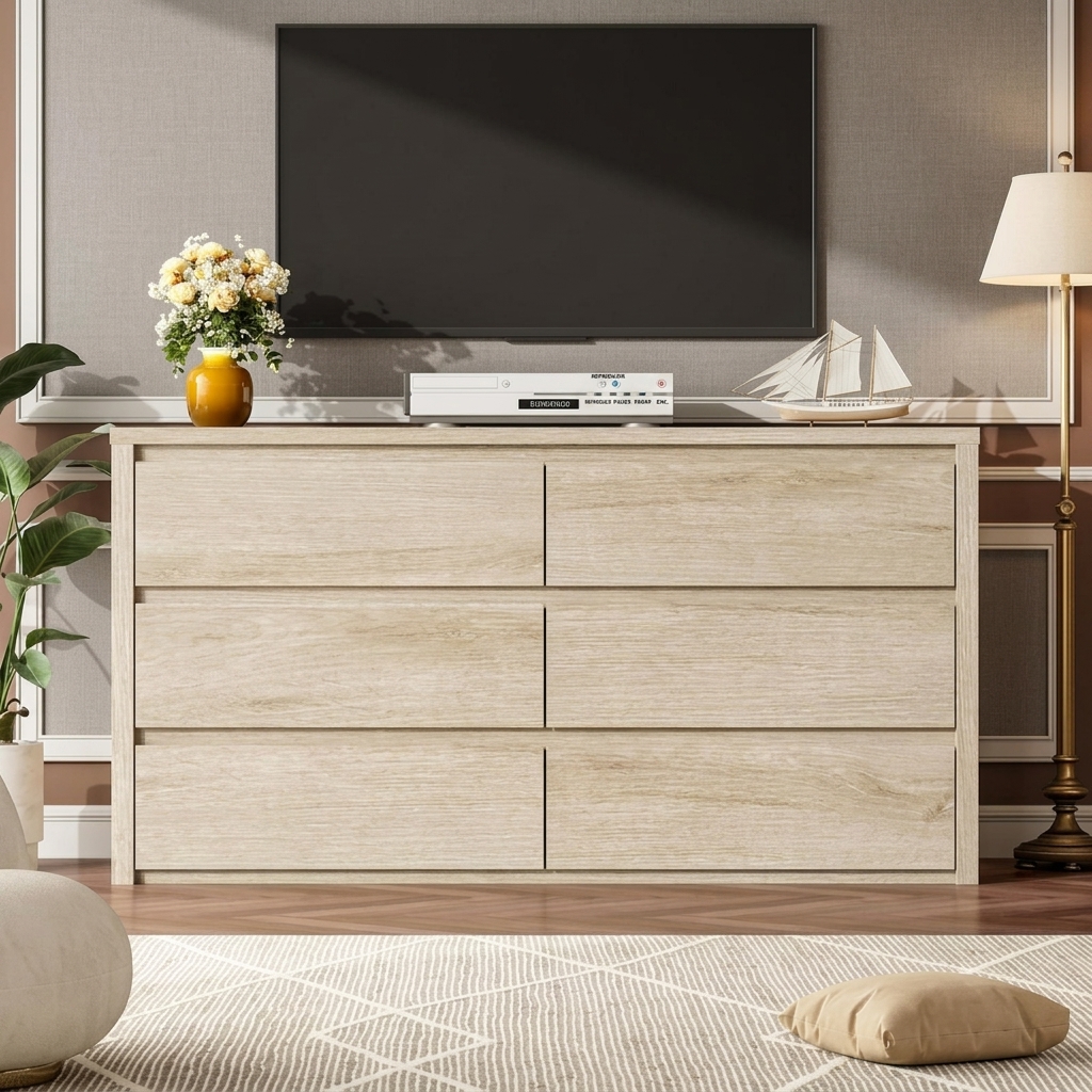 Cómoda de 6 cajones para dormitorio, cómoda ancha de madera sin tiradores, armario de almacenamiento moderno para sala de estar, pasillo o recibidor.