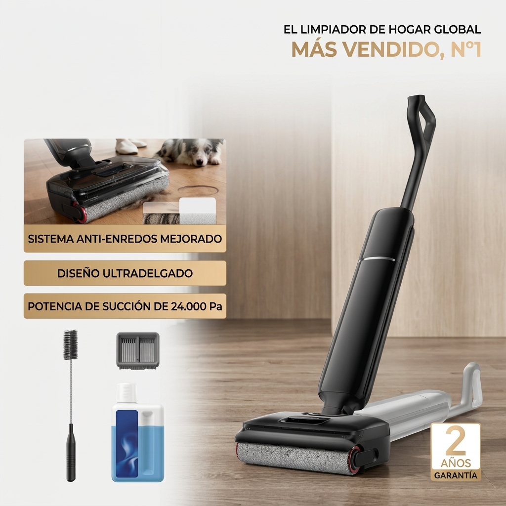 Envío gratuito - Fregadora de suelos multifuncional - Limpieza integral para residuos secos y húmedos, diseño antienredos (cero residuos de pelo, ideal para familias con mascotas), autolimpieza con un solo botón, limpieza plana de 180°, hasta 35 minutos d