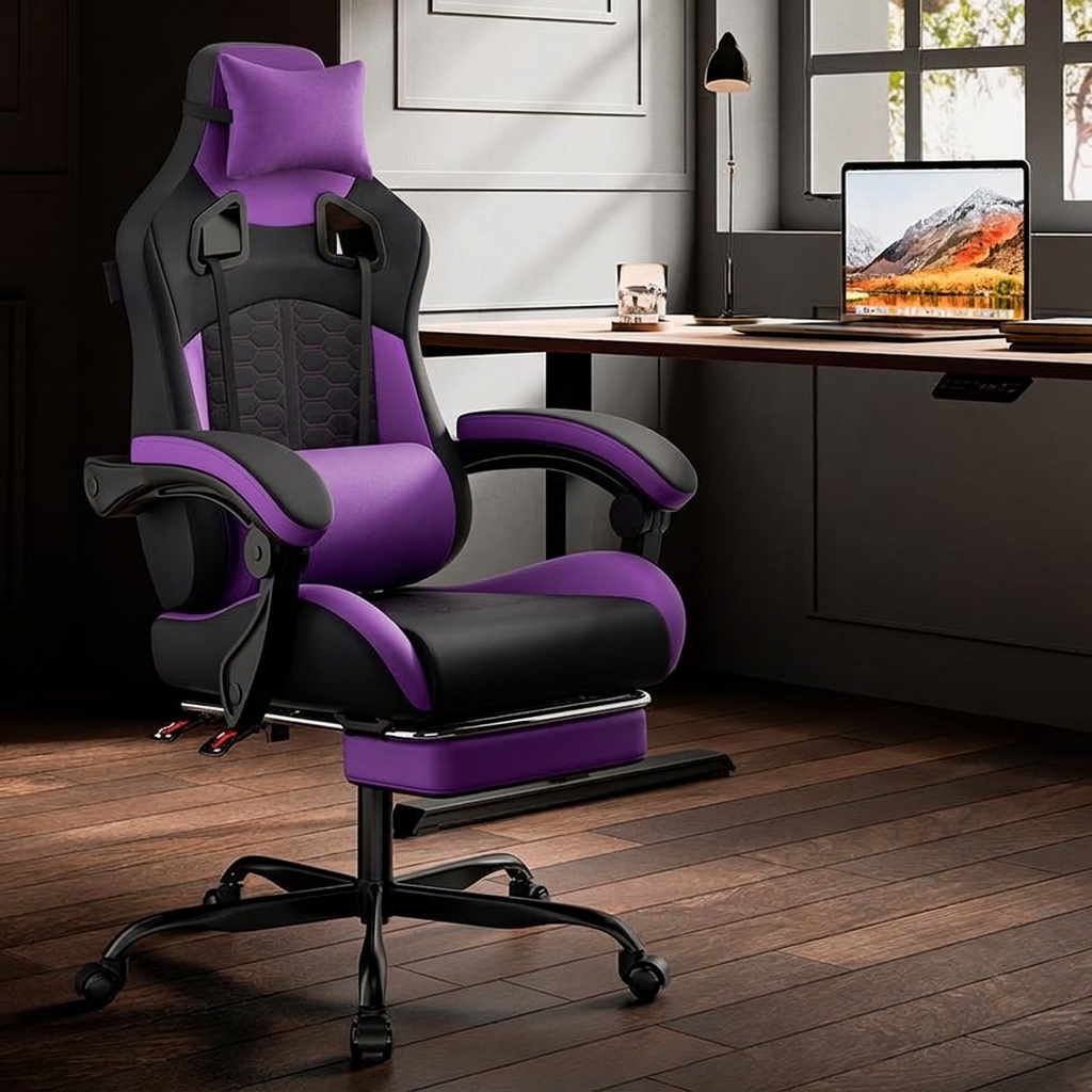 Silla de juegos para uso doméstico, cómoda silla ergonómica para sentarse durante mucho tiempo, equipada con con almohada Lumbar de espuma viscoelástica, silla de oficina giratoria de 360 grados