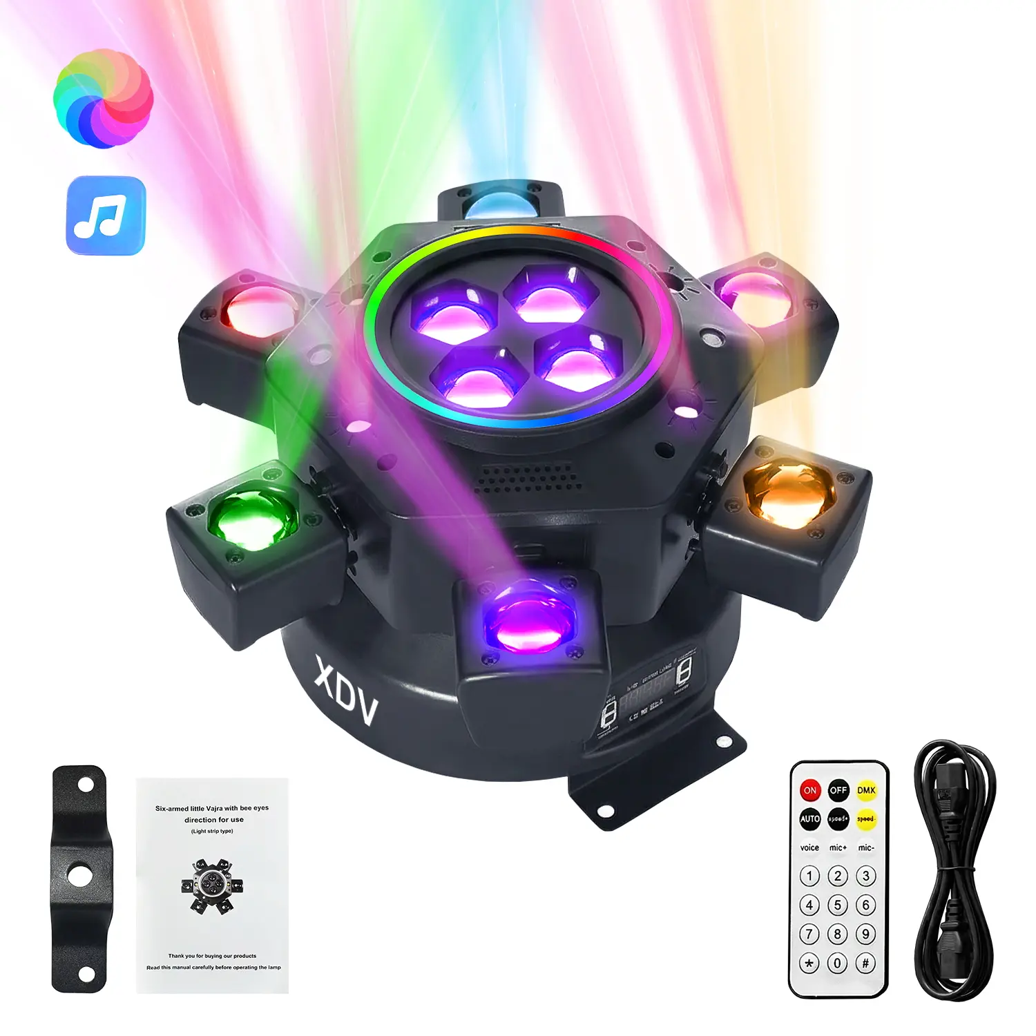 Cabeza móvil de DJ de 240 W con 8 brazos (luz de escenario RGBW), compatible con DMX-512 y control por voz: perfecta para fiestas, bodas y todo tipo de eventos.