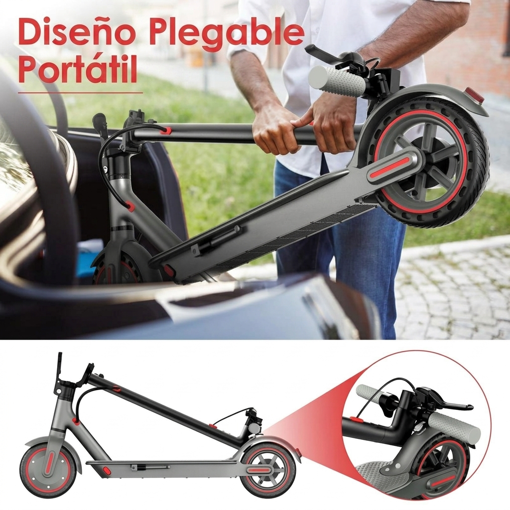 Patinete eléctrico: equipado con un motor de 350 W, una velocidad máxima de 25 km/h, una autonomía de 25 km, neumáticos macizos de nido de abeja de 8,5 pulgadas, un sistema de doble frenado y control mediante aplicación inteligente; diseño de cuadro de al