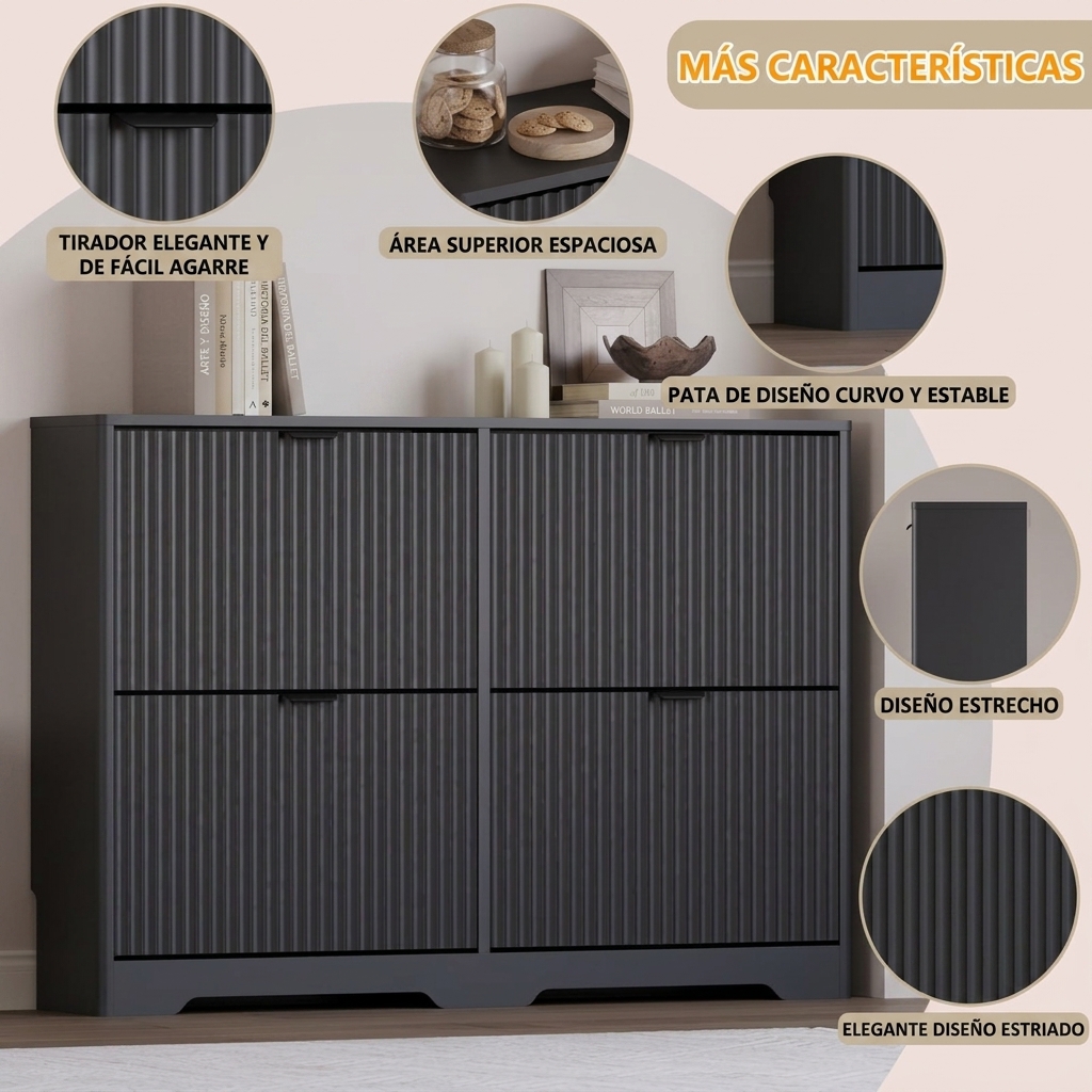 Zapatero para recibidor con 4 cajones abatibles, zapatero negro estriado con estantes ajustables, zapatero de madera oculto, independiente, estrecho y delgado, para pasillo, entrada, artículos esenciales para dormitorios, decoración del hogar