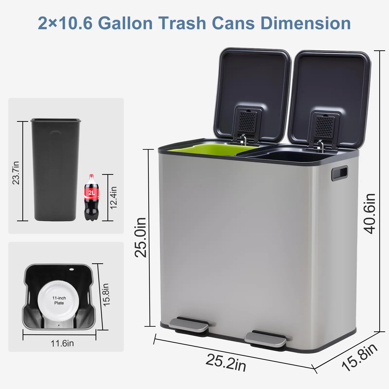 Cubo de basura de acero inoxidable de doble compartimento de 16 galones