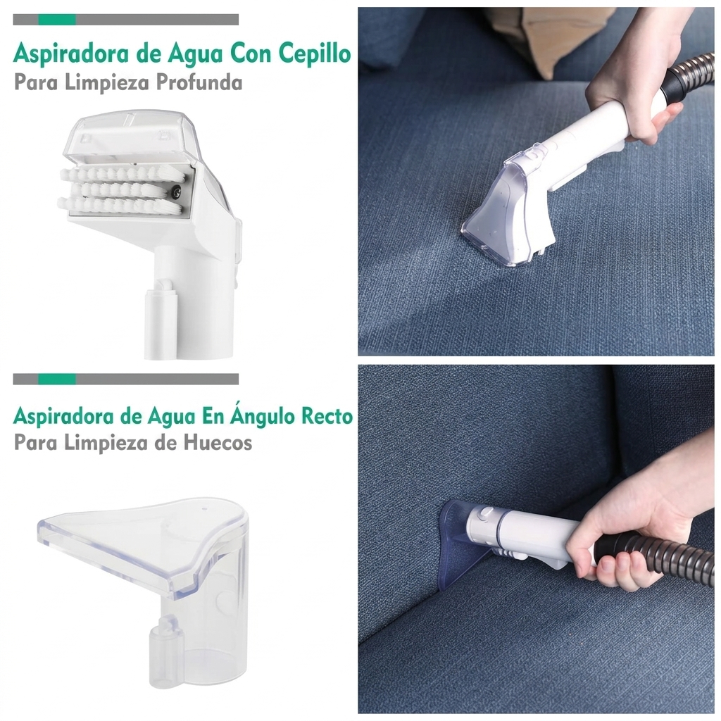 Limpiador de alfombras de 400 W, equipado con depósitos de agua dobles de 1,1 L + 0,5 L, manguera de 1,2 metros, nivel de ruido de 85 dB, 2 boquillas (aptas para coches, cojines, cortinas y mascotas) y accesorios completos.