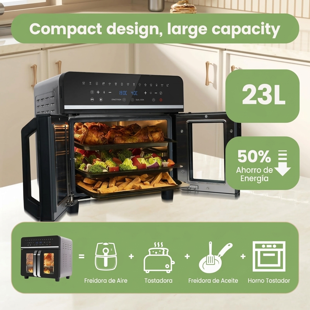 23L nuevo freidor de aire con cesta doble 2600W, mini horno de aire 23 litros, freidora de aire con pantalla táctil LED, 15 programas preestablecidos, 11 accesorios y 1 libro de recetas