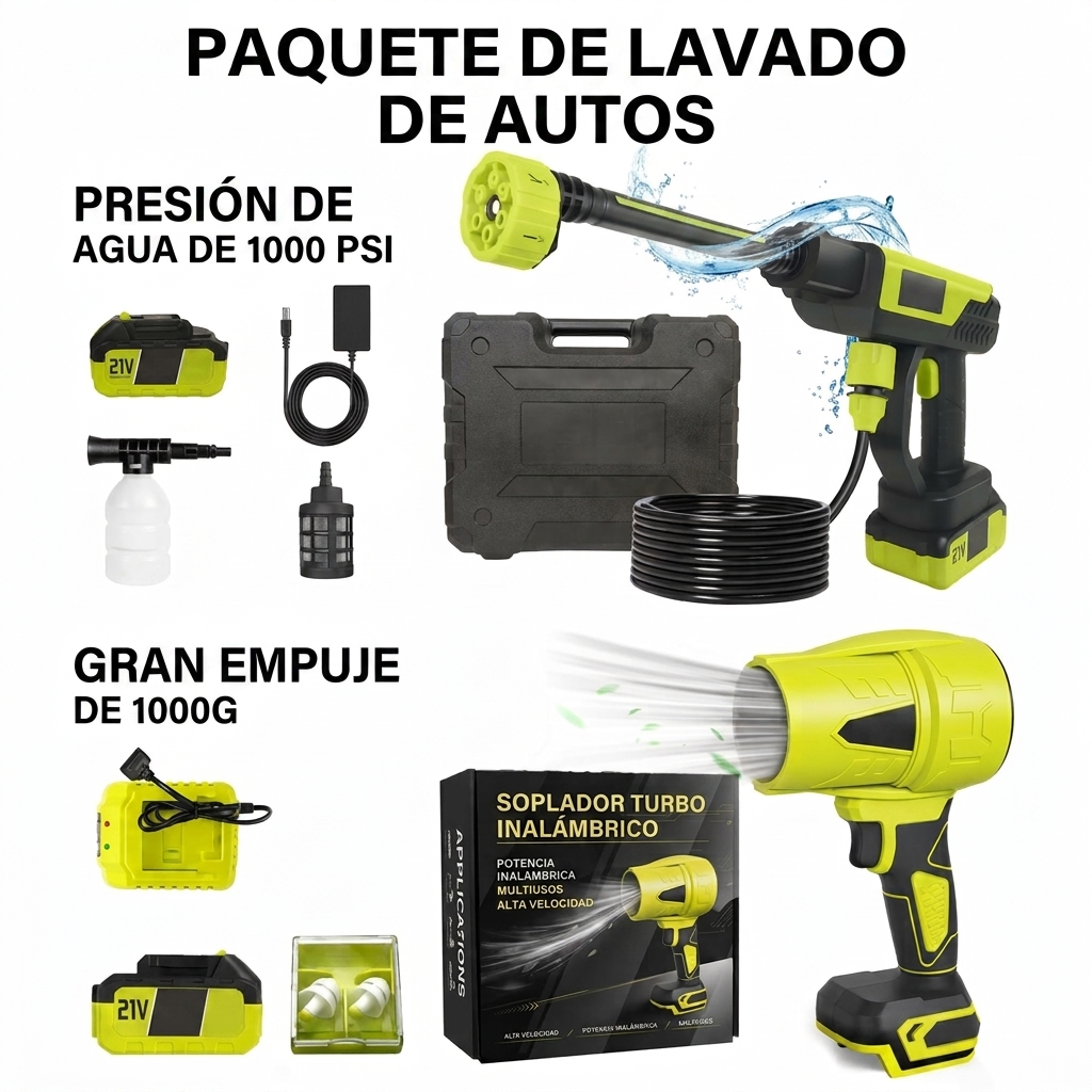 Kit combinado de lavado de autos inalámbrico de 21 V: incluye hidrolavadora de 1000 PSI y soplador de hojas turbo de 1000 G para lavado y secado de vehículos, así como limpieza de patios y jardines.