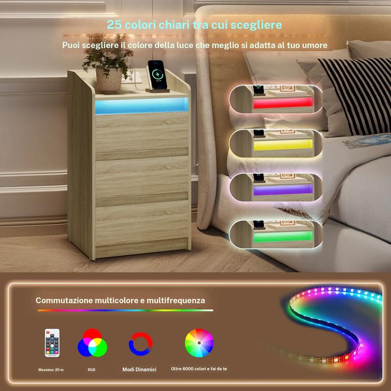 Tocador de noche con 3 cajones, mesita lateral con base de carga y LED, 2 enchufes de CA y 2 puertos USB para el dormitorio