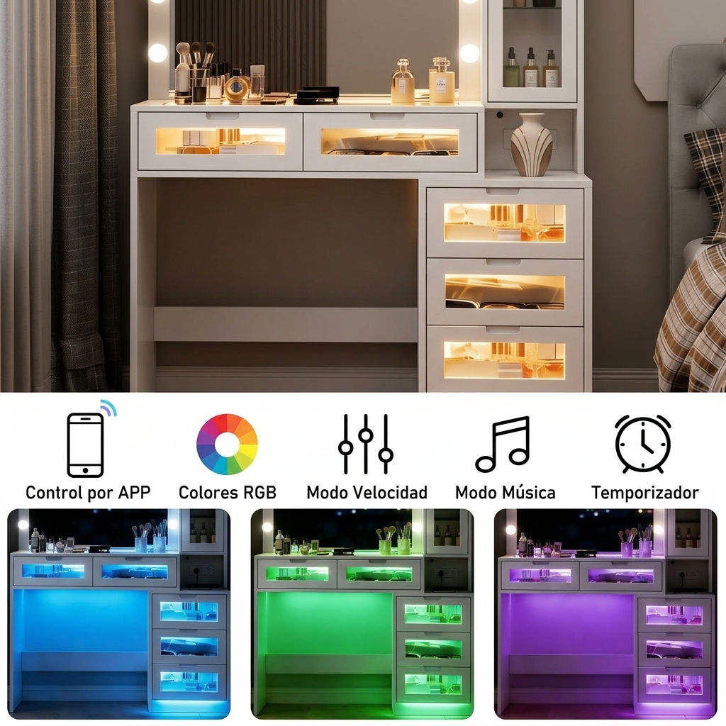 Tocador de maquillaje para dormitorio: retroiluminación LED, diseño con acentos LED, superficie de vidrio templado, armario lateral, tomas de corriente para herramientas de peinado, cajón con iluminación, espacio de almacenamiento; requiere montaje.