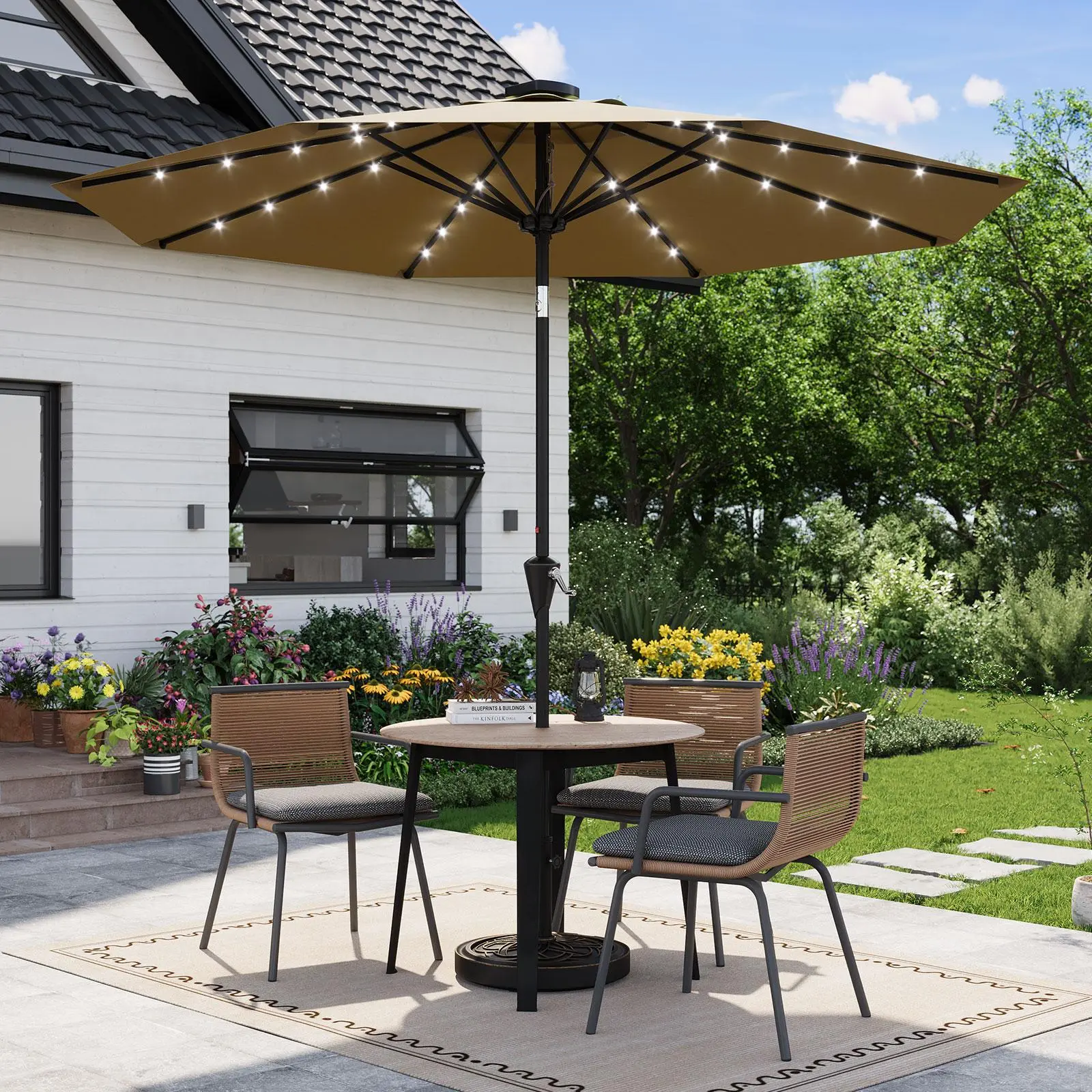 Sombrilla grande para patio al aire libre Garvee de 15ft con base – Opción de luz LED, doble cara, manivela, resistente al agua, incluye base con peso y bolsa de arena, con capacidad para 10 personas, ideal para el borde de la piscina, el jardín, el céspe