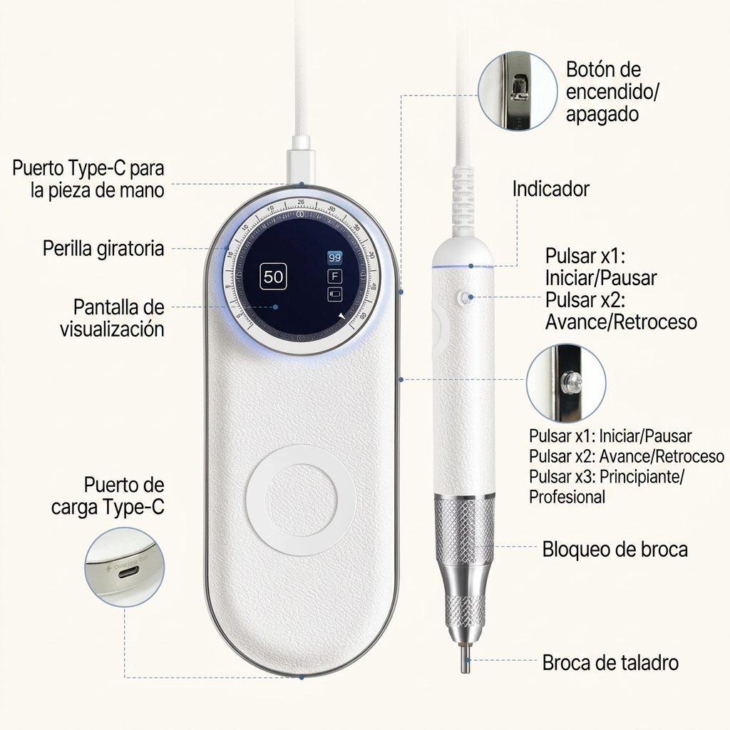 Pulidora de uñas eléctrica profesional, 50.000 RPM, recargable, con modo silencioso por IA y mango de 3 mm de diámetro, parada automática, segura y fiable. Ideal para técnicos de salones de uñas como herramienta y consumible. Dimensiones: 171 mm × 68 mm ×
