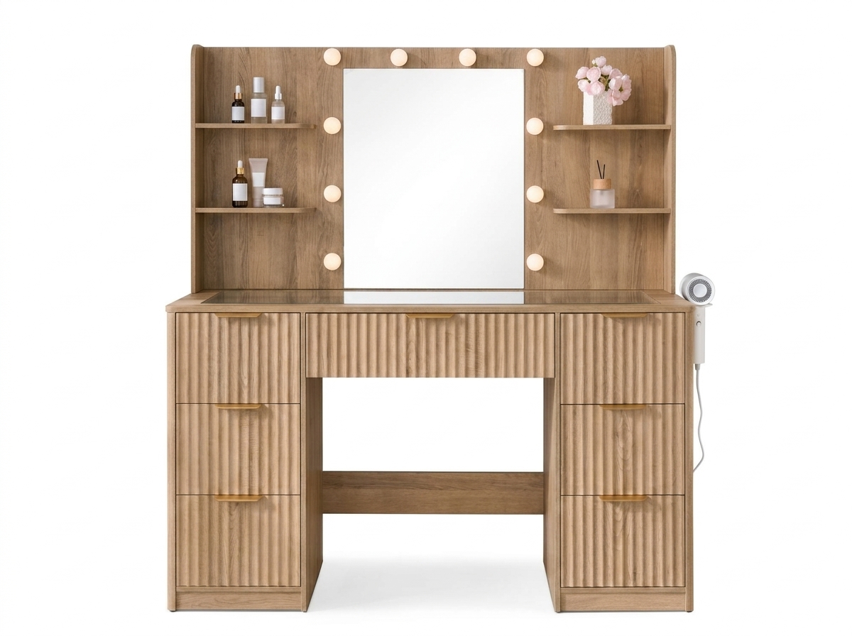 Tocador a rayas (con espejo y luz LED ajustable), con superficie de cristal y estación de carga, y un espacioso diseño de 4/7 cajones, perfecto para mujeres y niñas, adecuado para dormitorios o habitaciones de residencia estudiantil: un gran regalo/regalo