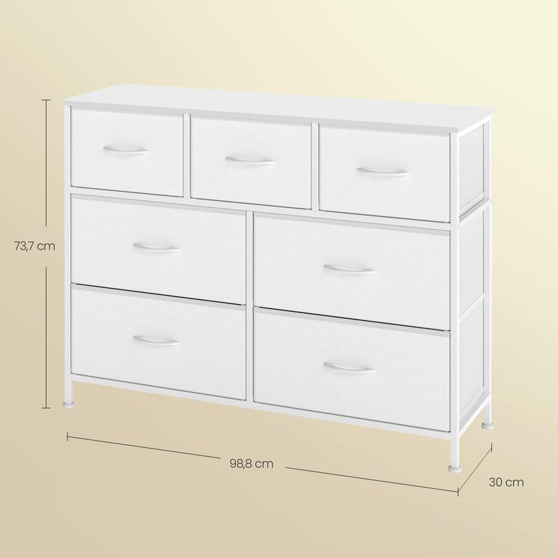Cómoda de siete cajones, mueble de almacenamiento para dormitorio, fabricada en acero, tablero de fibra de densidad media y tela no tejida, adecuada para dormitorios, armarios, pasillos y salas de estar.
