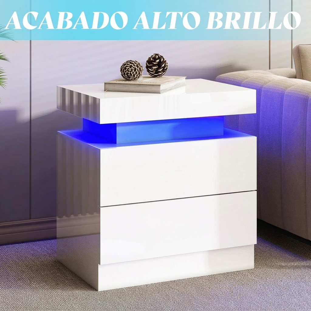 Pack de 2 Mesitas de Noche con LED y Estación de Carga, Mesillas Modernas con Luces RGB Controladas por App y Mando a Distancia, Cajones de Almacenamiento, Mesitas Auxiliares para Dormitorio, Salón o Sofá