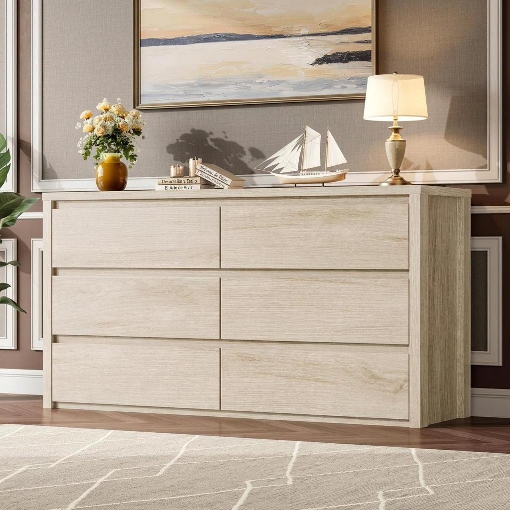 Cómoda de 6 cajones para dormitorio, cómoda ancha de madera sin tiradores, armario de almacenamiento moderno para sala de estar, pasillo o recibidor.
