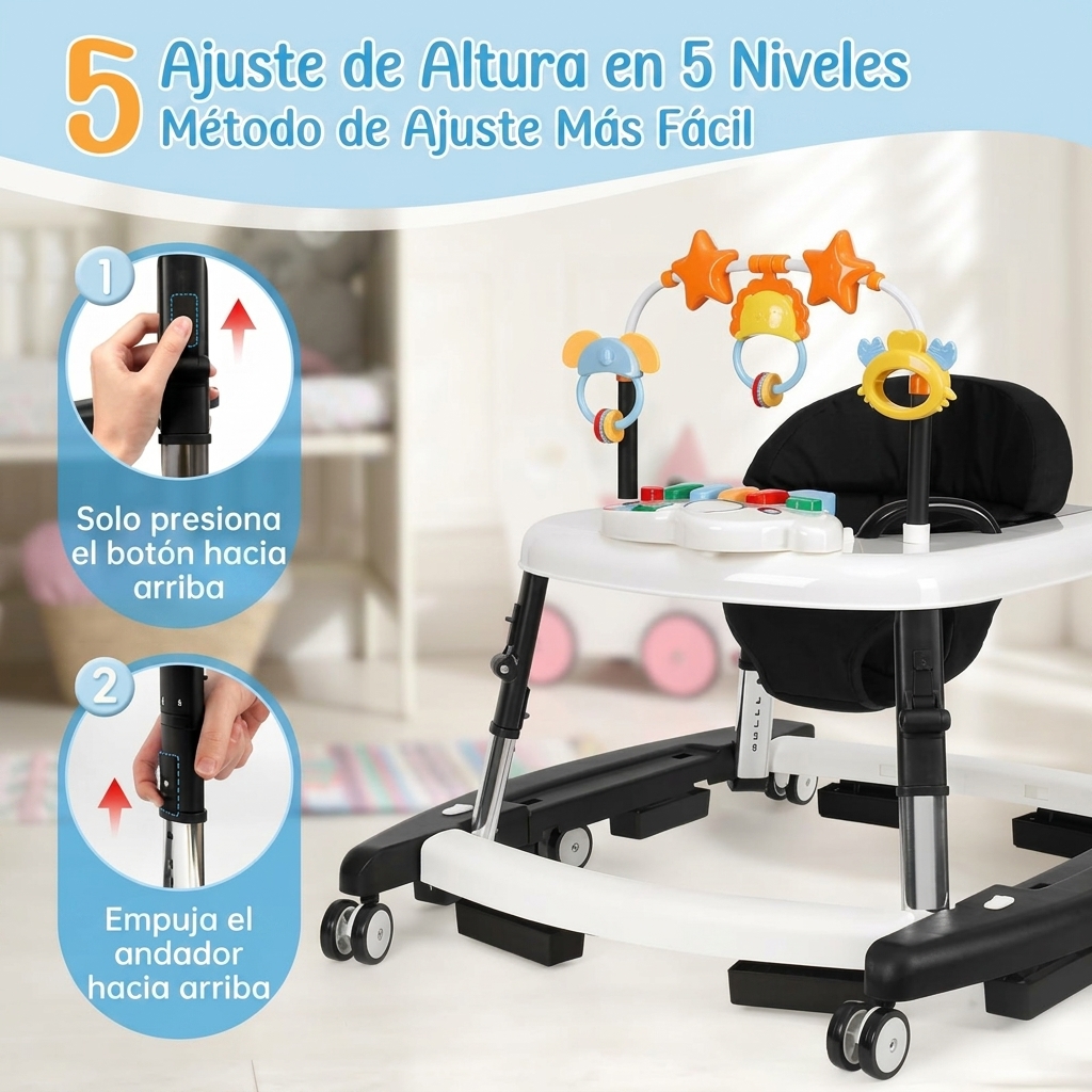 Andador unisex de plástico para bebés de 6 a 18 meses, andador plegable 5 en 1 con certificación de seguridad, 5 alturas ajustables, hamaca, música, bandeja de alimentación, reposapiés extraíble, andador inteligente portátil para niños y niñas.
