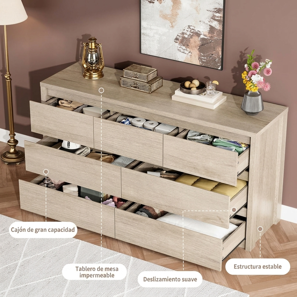Cómoda de 7 cajones para dormitorio, amplio baúl de madera sin tiradores, moderno armario de almacenamiento para sala de estar o recibidor.