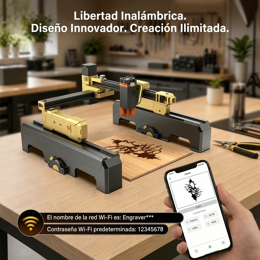 Máquina de grabado láser portátil con Wi-Fi, cuerpo plegable preensamblado, control mediante aplicación, precisión de grabado de 0,01 mm, velocidad de grabado de 10000 mm/min, apta para diversos materiales como madera, cuero, metal y acrílico; una potente