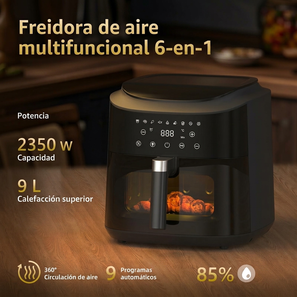 Freidora de aire potente de 9 L (XXL) con ventana transparente - Freidora de aire de 2350 W con circulación de aire a 360°, 9 programas automáticos